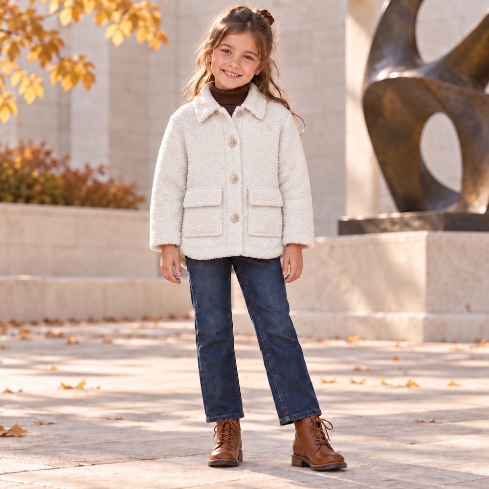 Cat & Jack Girls 6/7 Cream Faux Shearling Bouclé Shacket Jacket Lined